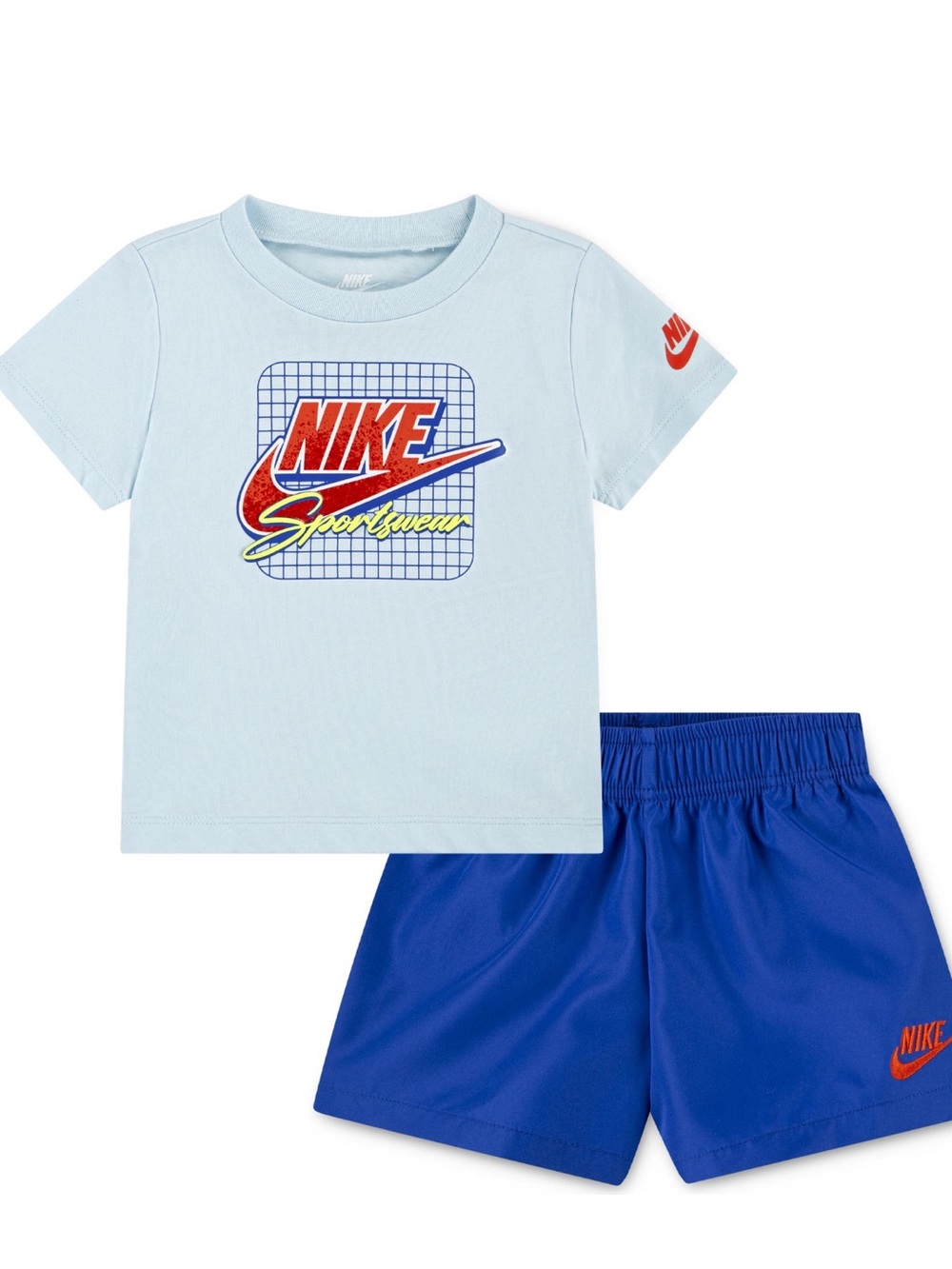 Nike Light Blue Tee with Royal Blue Shorts and Red Swoosh